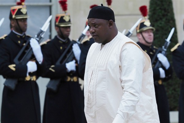 Gambian President Adama Barrow arrives at the Elysee Palace, in Paris, March 15, 2017 (AP Photo by Thibault Camus).