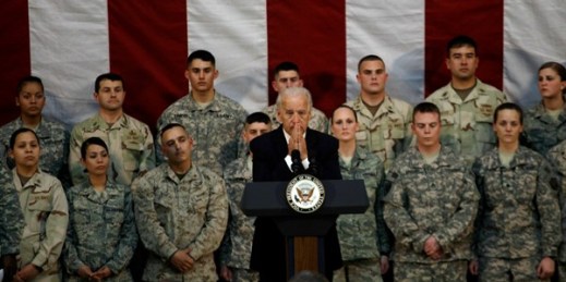 Then-U.S. Vice President Joe Biden with American service members at al-Faw Palace at Camp Victory in Baghdad, Iraq, Jan. 13, 2011 (AP photo by Maya Alleruzzo).