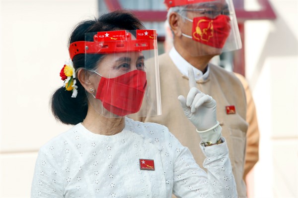 Myanmar’s de facto leader, Aung San Suu Kyi, attends a ceremony at the National League for Democracy’s temporary headquarters in Naypyitaw, Myanmar, Sept. 8, 2020 (AP photo by Aung Shine Oo).