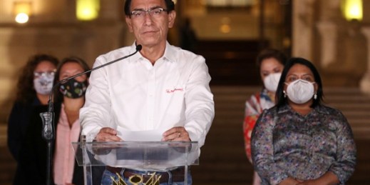 Former Peruvian President Martin Vizcarra speaks in front of the presidential palace after lawmakers voted to remove him from office, in Lima, Peru, Nov. 9, 2020 (AP photo by Martin Mejia).