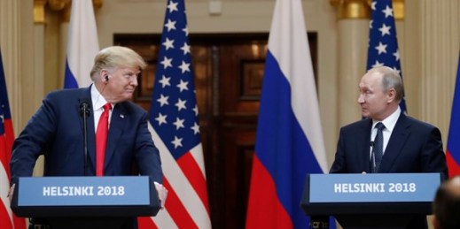 U.S. President Donald Trump and Russian President Vladimir Putin at a press conference in Helsinki, Finland, July 16, 2018 (AP photo by Alexander Zemlianichenko).