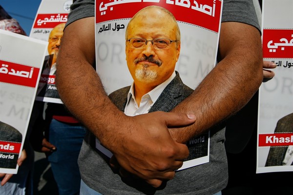 Posters of slain Saudi journalist Jamal Khashoggi at a protest marking the two-year anniversary of his death, near the Saudi Arabia consulate in Istanbul, Turkey, Oct. 2, 2020 (AP photo by Emrah Gurel).
