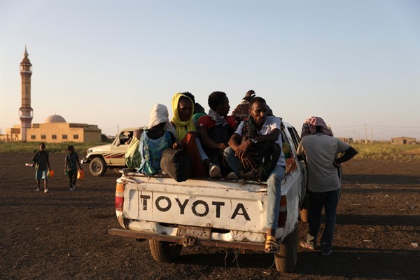 Ethiopian refugees gather in the al-Qadarif region in eastern Sudan, Nov. 16, 2020 (AP photo by Marwan Ali).
