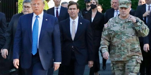 President Donald Trump departs the White House to visit St. John’s Church with then-Secretary of Defense Mark Esper, middle, and Gen. Mark Milley, chairman of the Joint Chiefs of Staff, right, in Washington, June 1, 2020 (AP photo by Patrick Semansky).