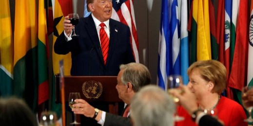 President Donald Trump gives a toast at a luncheon hosted by United Nations Secretary-General Antonio Guterres, at the United Nations General Assembly, New York, Sept. 24, 2019 (AP photo by Evan Vucci).