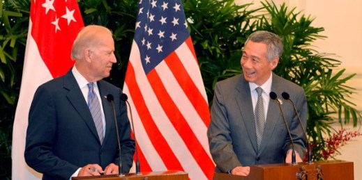 Then-Vice President Joe Biden and Singaporean Prime Minister Lee Hsien Loong at a press conference in Singapore, July 26, 2013 (AP photo by Bryan van der Beek).