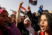 Egyptian girls at a rally in Tahrir Square, Cairo, Egypt, Jan. 25, 2012 (AP photo by Maya Alleruzzo).
