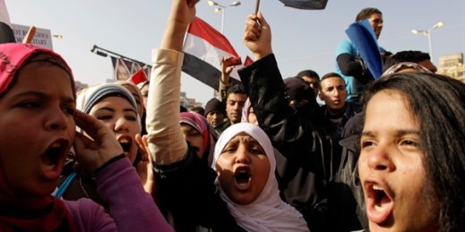 Egyptian girls at a rally in Tahrir Square, Cairo, Egypt, Jan. 25, 2012 (AP photo by Maya Alleruzzo).