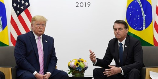 President Donald Trump and Brazilian President Jair Bolsonaro during a meeting on the sidelines of the G-20 summit in Osaka, Japan, June 28, 2019 (AP photo by Susan Walsh).