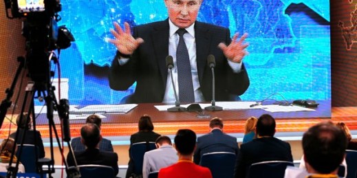 Russian President Vladimir Putin speaks via video call during a news conference in Moscow, Russia, Dec. 17, 2020 (AP photo by Alexander Zemlianichenko).