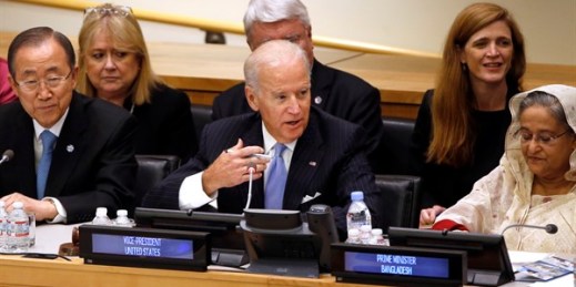 Then-Vice President Joe Biden chairs a summit on international peacekeeping operations on the sidelines of the United Nations General Assembly, at U.N. headquarters in New York, Sept. 26, 2014 (AP photo by Jason DeCrow).