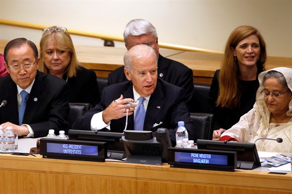 Then-Vice President Joe Biden chairs a summit on international peacekeeping operations on the sidelines of the United Nations General Assembly, at U.N. headquarters in New York, Sept. 26, 2014 (AP photo by Jason DeCrow).