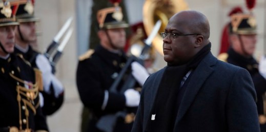The Democratic Republic of Congo’s president, Felix Tshisekedi, arrives to a meeting with French President Emmanuel Macron at the Elysee Palace in Paris, Nov. 12, 2019 (AP photo by Francois Mori).