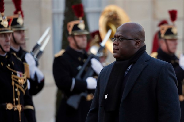 The Democratic Republic of Congo’s president, Felix Tshisekedi, arrives to a meeting with French President Emmanuel Macron at the Elysee Palace in Paris, Nov. 12, 2019 (AP photo by Francois Mori).