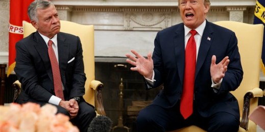 Jordan’s King Abdullah II and President Donald Trump during a meeting in the Oval Office of the White House, Washington, June 25, 2018 (AP photo by Evan Vucci).