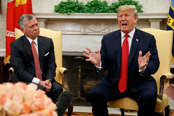 Jordan’s King Abdullah II and President Donald Trump during a meeting in the Oval Office of the White House, Washington, June 25, 2018 (AP photo by Evan Vucci).