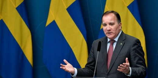 Swedish Prime Minister Stefan Lofven gives a news conference on new restrictions to curb the spread of the coronavirus, in Stockholm, Sweden, Nov. 11, 2020  (TT photo by Henrik Montgomery via AP).