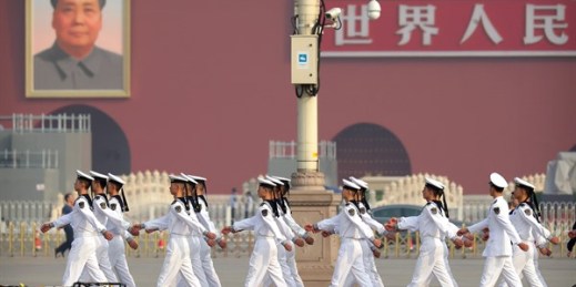 Chinese naval cadets march in formation at Tiananmen Square, in Beijing, Sept. 30, 2019 (AP photo by Mark Schiefelbein).