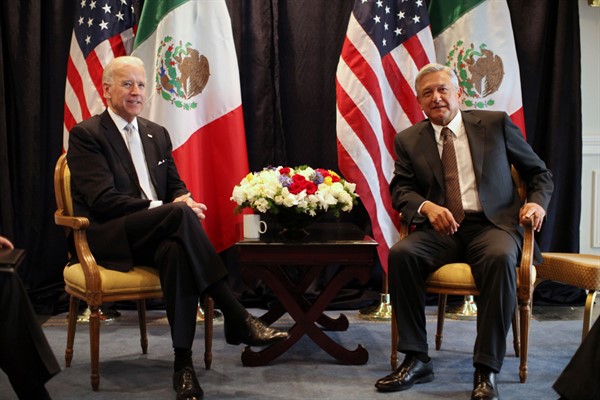 Then-Vice President Joe Biden, left, with Andres Manuel Lopez Obrador, who was a candidate in Mexico’s presidential election at the time, Mexico City, March 5, 2012 (AP photo by Alexandre Meneghini).
