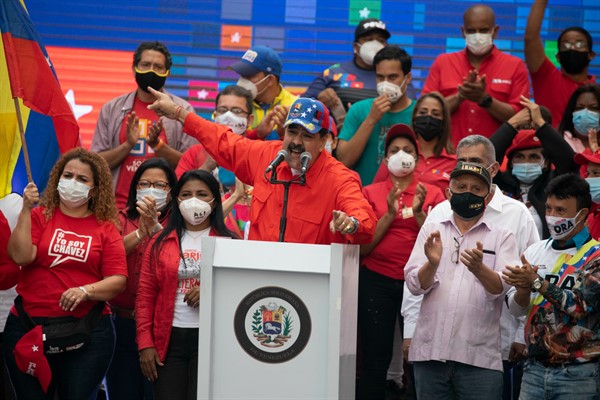 Venezuelan President Nicolas Maduro speaks at a closing campaign rally for the upcoming National Assembly elections, in Caracas, Venezuela, Dec. 3, 2020 (AP photo by Ariana Cubillos).