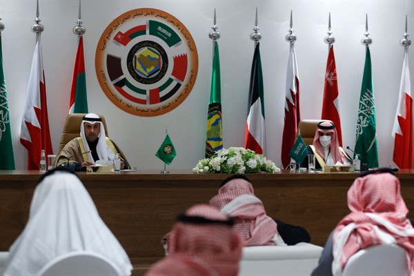 Secretary General of the Gulf Cooperation Council, or GCC, Nayef Falah Al-Hajraf, left, and Saudi Foreign Minister Prince Faisal bin Farhan Al-Saud at the 41st GCC meeting in Al Ula, Saudi Arabia, Jan. 5, 2021 (AP photo by Amr Nabil).