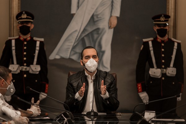 El Salvador’s president, Nayib Bukele, speaks to journalists about the coronavirus pandemic, in San Salvador, May 20, 2020 (Photo by Victor Pena for dpa via AP Images).