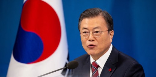 South Korean President Moon Jae-in during a press conference at the Presidential Blue House in Seoul,  Jan. 18, 2021 (pool photo by Jeon Heon-kyun via AP Images).