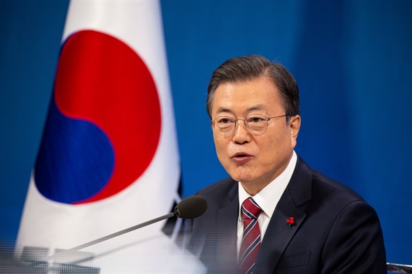 South Korean President Moon Jae-in during a press conference at the Presidential Blue House in Seoul,  Jan. 18, 2021 (pool photo by Jeon Heon-kyun via AP Images).