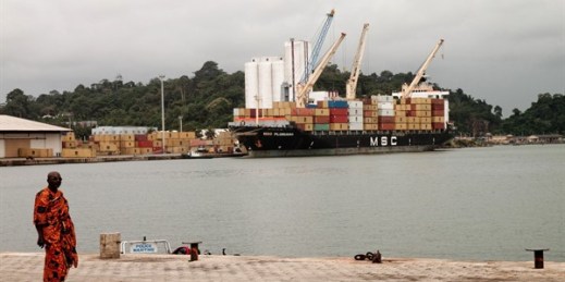 A container ship at the port in San Pedro, Ivory Coast, Oct. 1, 2010 (AP photo by Marco Chown Oved).