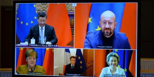 China’s Xi Jinping, top left, and European leaders during a video conference at the European Council headquarters in Brussels, Dec. 30, 2020 (Pool photo by Johanna Geron via AP Images).