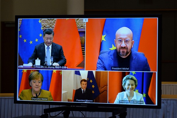 China’s Xi Jinping, top left, and European leaders during a video conference at the European Council headquarters in Brussels, Dec. 30, 2020 (Pool photo by Johanna Geron via AP Images).