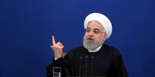 Iranian President Hassan Rouhani gives a press conference in Tehran, Iran, Feb. 16, 2020 (AP photo by Ebrahim Noroozi).