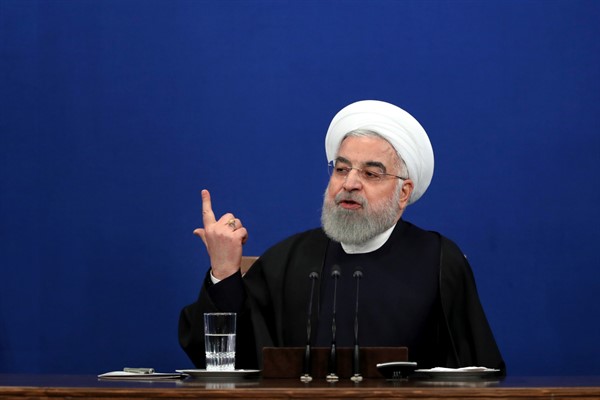 Iranian President Hassan Rouhani gives a press conference in Tehran, Iran, Feb. 16, 2020 (AP photo by Ebrahim Noroozi).