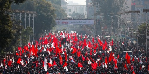 Supporters of a splinter group in the governing Nepal Communist Party gather to  demand the ouster of Prime Minister K.P. Sharma Oli and the reinstatement of Parliament, in Kathmandu, Nepal, Dec. 29, 2020 (AP photo by Niranjan Shrestha).