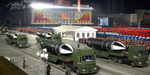 Missiles during a military parade marking the Eighth Party Congress of North Korea’s Workers’ Party, at Kim Il Sung Square in Pyongyang, North Korea, Jan. 14, 2021 (Photo by Korean Central News Agency/Korea News Service via AP Images).
