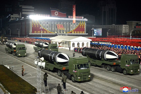Missiles during a military parade marking the Eighth Party Congress of North Korea’s Workers’ Party, at Kim Il Sung Square in Pyongyang, North Korea, Jan. 14, 2021 (Photo by Korean Central News Agency/Korea News Service via AP Images).