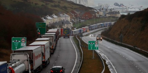 Trucks line up on the approach to the port of Dover, England, Dec. 11, 2020 (AP photo by Frank Augstein).
