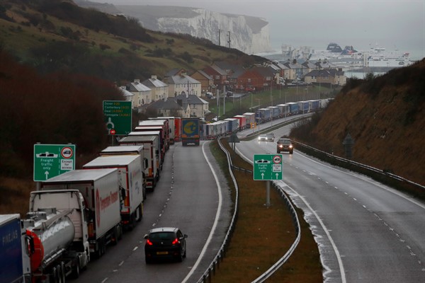Trucks line up on the approach to the port of Dover, England, Dec. 11, 2020 (AP photo by Frank Augstein).