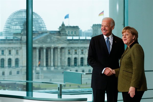 German Chancellor Angela Merkel and then-Vice President Joe Biden at the chancellery in Berlin, Feb. 1, 2013 (AP photo by Markus Schreiber).