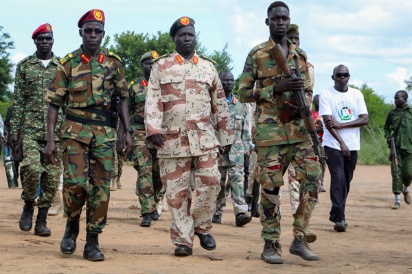 Opposition soldiers during a visit by a cease-fire monitoring team, at an opposition military camp near the town of Nimule in Eastern Equatoria state, South Sudan, Aug. 28, 2019 (AP photo by Sam Mednick).
