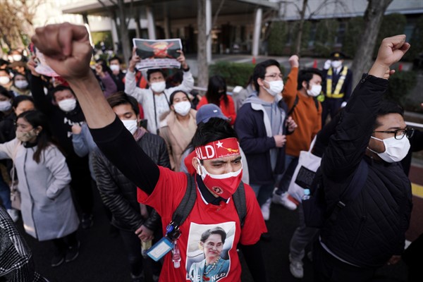 Supporters of Myanmar’s National League for Democracy protest in front of the Foreign Ministry in Tokyo, Feb. 3, 2021 (AP photo by Eugene Hoshiko).