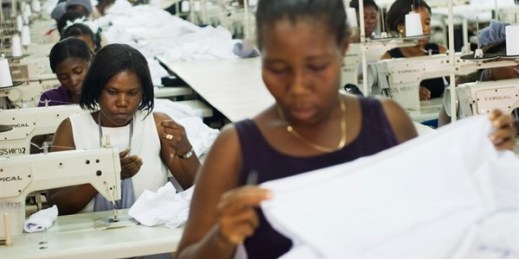 Workers produce clothing items on the assembly line at an apparel factory in Accra, Ghana, Nov. 13, 2007 (AP photo by Olivier Asselin).