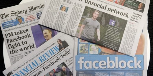 Front pages of Australian newspapers featuring stories about Facebook, in Sydney, Feb. 19, 2021 (AP photo by Rick Rycroft).
