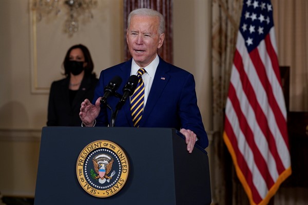 President Joe Biden delivers a speech on foreign policy at the State Department, in Washington, Feb. 4, 2021 (AP photo by Evan Vucci).
