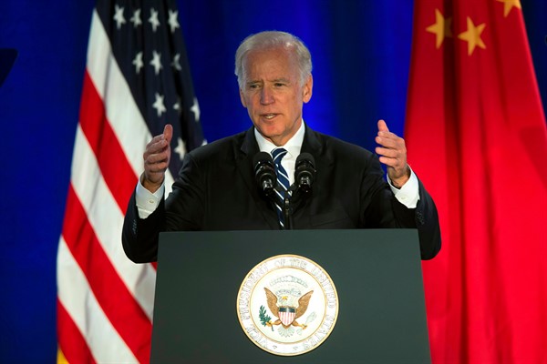 Then-Vice President Joe Biden speaks at the U.S.-China Climate Leaders Summit in Los Angeles, Sept. 16, 2015 (AP photo by Kelvin Kuo).