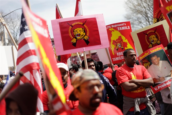 A rally near the United Nations Headquarters to protest Sri Lanka’s military offensive against the Tamil Tigers and civilian casualties, New York, April 17, 2009 (AP photo by Seth Wenig).