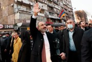 Armenian Prime Minister Nikol Pashinyan waves to supporters during a rally in Yerevan, Armenia, Feb. 25, 2021 (PAN Photo by Tigran Mehrabyan via AP Images).