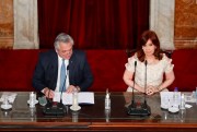 Argentine President Alberto Fernandez, seated beside Vice President Cristina Fernandez de Kirchner, delivers his State of the Nation speech to mark the opening session of Congress, in Buenos Aires, Argentina, March 1, 2021 (AP photo by Natacha Pisarenko).