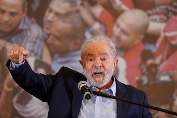 Former Brazilian President Luiz Inacio Lula da Silva speaks at the Metalworkers Union headquarters in Sao Bernardo do Campo, Brazil, March 10, 2021 (AP photo by Andre Penner).