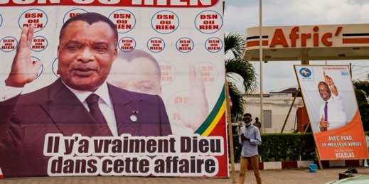 Election posters featuring opposition presidential candidate Guy Brice Parfait Kolelas, right, and President Denis Sassou N'Guesso, left, in Brazzaville, Congo, Friday March 12, 2021.
